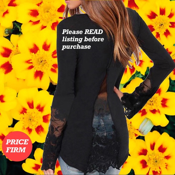 LACE EMBELLISHED Black Long Lace Sleeve Henley/Tee - Picture 3 of 7